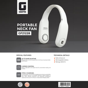 Geepas Portable Neck Fan- GF21228/ 6 Hours Long Working Time, 3 Speed Levels/ Lightweight, for Indoor and Outdoor Use/ Silent, Safe and Secure/ White, 2 Years Warranty