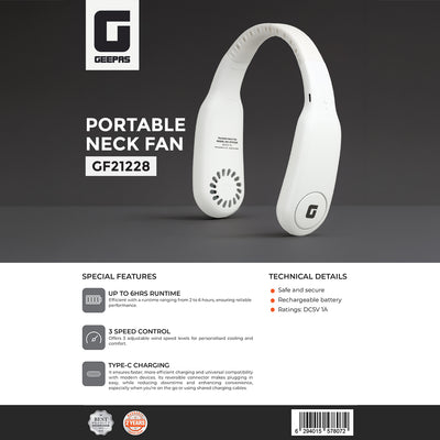 Geepas Portable Neck Fan- GF21228/ 6 Hours Long Working Time, 3 Speed Levels/ Lightweight, for Indoor and Outdoor Use/ Silent, Safe and Secure/ White, 2 Years Warranty