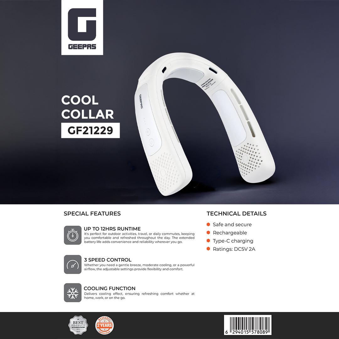 Geepas Cool Collar- GF21229/ 12 Hours Long Working Time, 3 Speed Levels/Lightweight, Suitable for Indoor and Outdoor Use/ Silent, Safe and Secure/ White, 2 Years Warranty