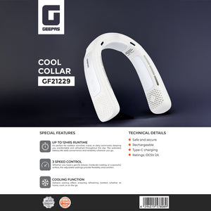 Geepas Cool Collar- GF21229/ 12 Hours Long Working Time, 3 Speed Levels/Lightweight, Suitable for Indoor and Outdoor Use/ Silent, Safe and Secure/ White, 2 Years Warranty