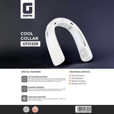 Geepas Cool Collar- GF21229/ 12 Hours Long Working Time, 3 Speed Levels/Lightweight, Suitable for Indoor and Outdoor Use/ Silent, Safe and Secure/ White, 2 Years Warranty
