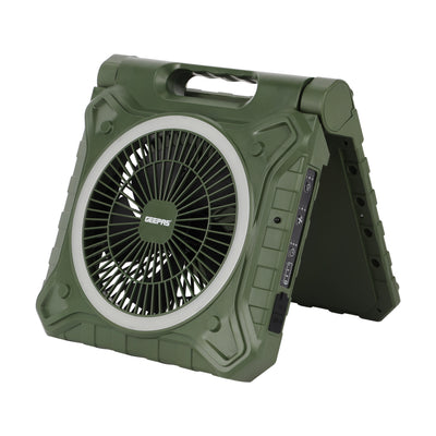 Geepas GF21233 8 Inch Rechargeable Solar Fan| 10000mAh Lithium Battery| Remote Control| LED Lighting| High-Speed Airflow for Home, Outdoor Travel & Emergency Cooling Use