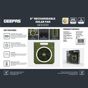 Geepas GF21233 8 Inch Rechargeable Solar Fan| 10000mAh Lithium Battery| Remote Control| LED Lighting| High-Speed Airflow for Home, Outdoor Travel & Emergency Cooling Use