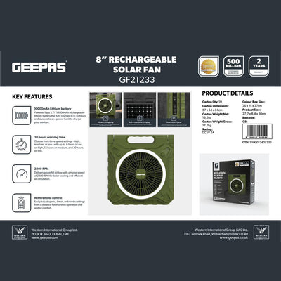 Geepas GF21233 8 Inch Rechargeable Solar Fan| 10000mAh Lithium Battery| Remote Control| LED Lighting| High-Speed Airflow for Home, Outdoor Travel & Emergency Cooling Use