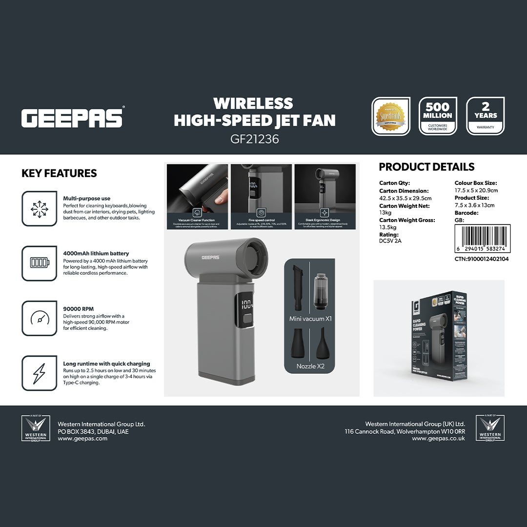 Geepas GF21236 Wireless High-Speed Jet Fan| 90000 RPM Powerful Cleaning Performance| Long-Lasting 4000mAh Battery|5 Adjustable Speed Modes| Mini Vacuum & Nozzles Included