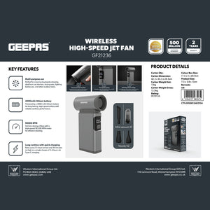 Geepas GF21236 Wireless High-Speed Jet Fan| 90000 RPM Powerful Cleaning Performance| Long-Lasting 4000mAh Battery|5 Adjustable Speed Modes| Mini Vacuum & Nozzles Included