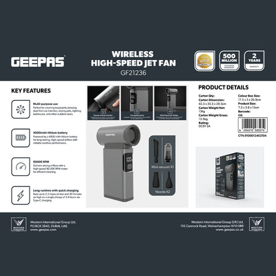 Geepas GF21236 Wireless High-Speed Jet Fan| 90000 RPM Powerful Cleaning Performance| Long-Lasting 4000mAh Battery|5 Adjustable Speed Modes| Mini Vacuum & Nozzles Included