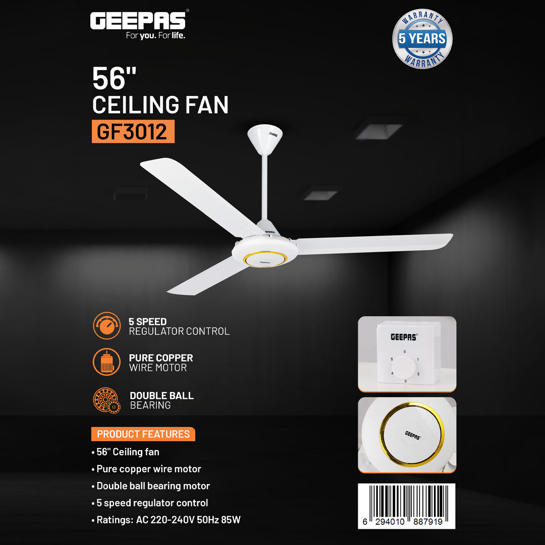 Geepas 56" Ceiling Fan- GF3012/ with 5 Speed Regulator Control, High Performance Copper Motor for Wind/ Ideal for Home, Office, Apartment, Etc./ 5 Years Warranty, White