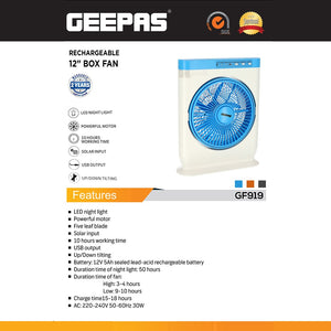 Geepas GF919 12” Rechargeable Box Fan | 10 Hours Battery Backup| AC/DC Function| LED Light| USB Output Port| Adjustable Speed| Portable Cooling Fan| 2 Years Warranty