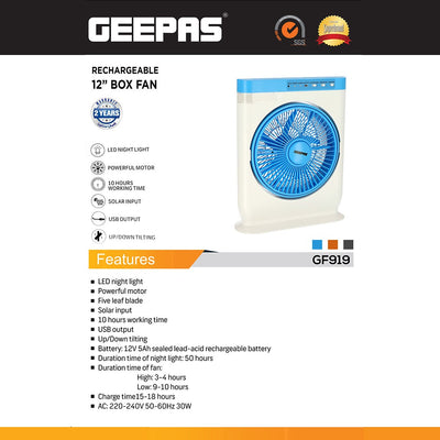 Geepas GF919 12” Rechargeable Box Fan | 10 Hours Battery Backup| AC/DC Function| LED Light| USB Output Port| Adjustable Speed| Portable Cooling Fan| 2 Years Warranty