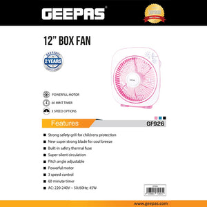 Geepas GF926 12 Inch Box Fan | 60-Min Timer | 3 Speed Control | Powerful Motor | Compact Portable Design | Energy Efficient Cooling Fan for Home, Office & Indoor Use
