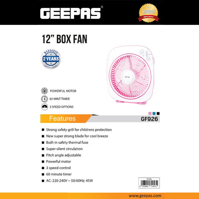 Geepas GF926 12 Inch Box Fan | 60-Min Timer | 3 Speed Control | Powerful Motor | Compact Portable Design | Energy Efficient Cooling Fan for Home, Office & Indoor Use