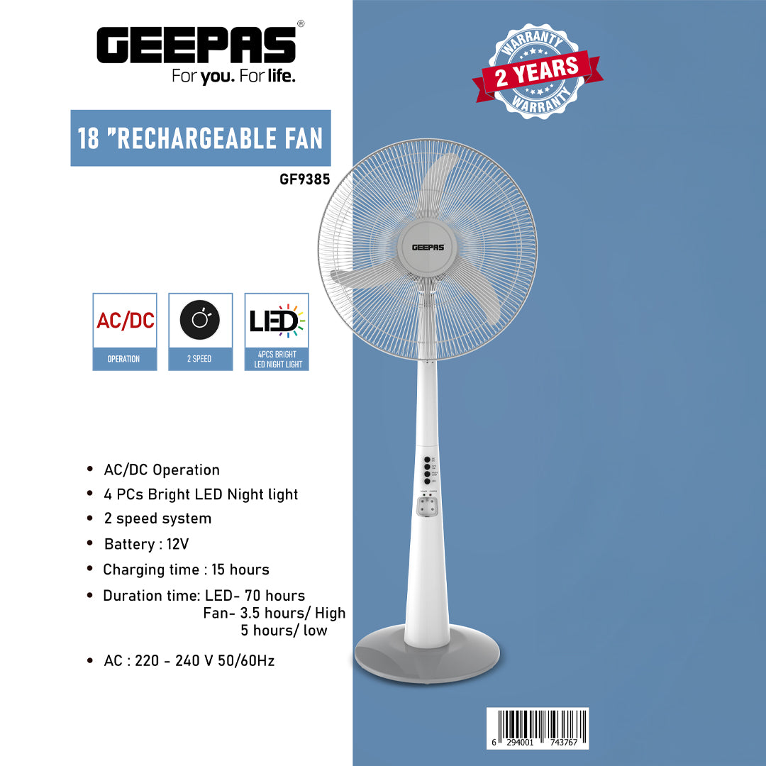 Geepas GF9385 18-Inch Rechargeable Fan | AC/DC Pedestal Fan with LED Night Light & 12V Battery | Multi-angle tilt and oscillation | Charging and power indicator