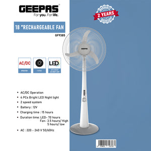 Geepas GF9385 18-Inch Rechargeable Fan | AC/DC Pedestal Fan with LED Night Light & 12V Battery | Multi-angle tilt and oscillation | Charging and power indicator