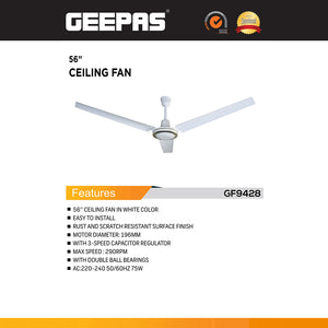 Geepas GF9428 56 Inch Ceiling Fan | 3 Speed Control| Rust Resistant Blades| Energy Efficient Motor| High Air Delivery for Maximum Cooling| Perfect for Home & Office Use