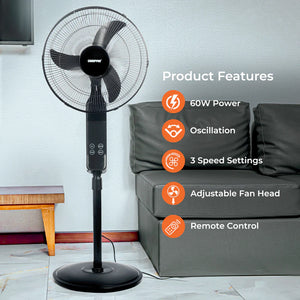 Geepas GF9466 16” Stand Fan with Remote Control | 3-Speed Control | 7.5Hour Timer | LED Display| Touch Switch| Powerful 60W Motor | Adjustable Height| 2 Years Warranty