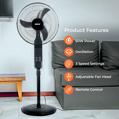 Geepas GF9466 16” Stand Fan with Remote Control | 3-Speed Control | 7.5Hour Timer | LED Display| Touch Switch| Powerful 60W Motor | Adjustable Height| 2 Years Warranty