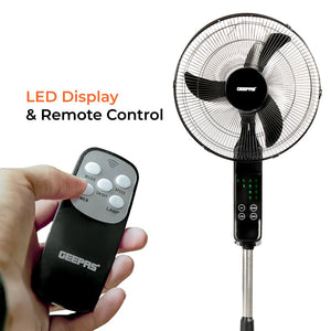 Geepas GF9466 16” Stand Fan with Remote Control | 3-Speed Control | 7.5Hour Timer | LED Display| Touch Switch| Powerful 60W Motor | Adjustable Height| 2 Years Warranty