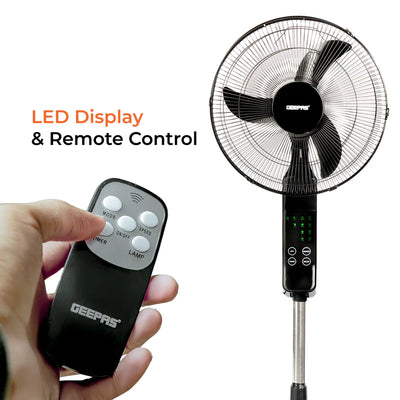 Geepas GF9466 16” Stand Fan with Remote Control | 3-Speed Control | 7.5Hour Timer | LED Display| Touch Switch| Powerful 60W Motor | Adjustable Height| 2 Years Warranty