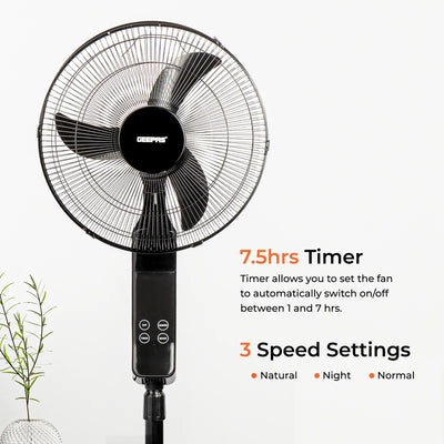 Geepas GF9466 16” Stand Fan with Remote Control | 3-Speed Control | 7.5Hour Timer | LED Display| Touch Switch| Powerful 60W Motor | Adjustable Height| 2 Years Warranty