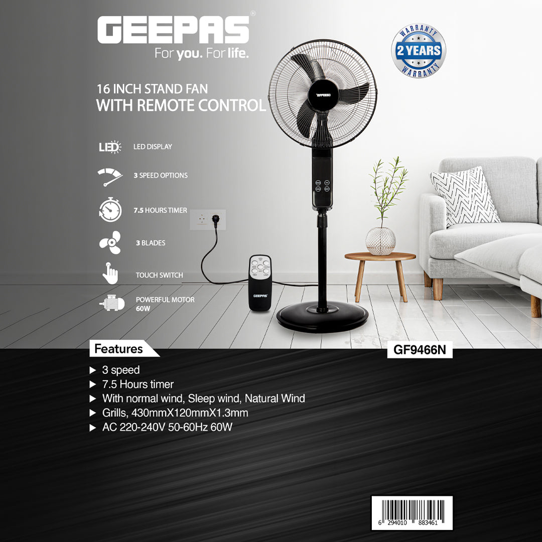 Geepas GF9466 16” Stand Fan with Remote Control | 3-Speed Control | 7.5Hour Timer | LED Display| Touch Switch| Powerful 60W Motor | Adjustable Height| 2 Years Warranty