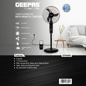 Geepas GF9466 16” Stand Fan with Remote Control | 3-Speed Control | 7.5Hour Timer | LED Display| Touch Switch| Powerful 60W Motor | Adjustable Height| 2 Years Warranty