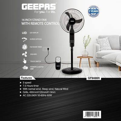 Geepas GF9466 16” Stand Fan with Remote Control | 3-Speed Control | 7.5Hour Timer | LED Display| Touch Switch| Powerful 60W Motor | Adjustable Height| 2 Years Warranty
