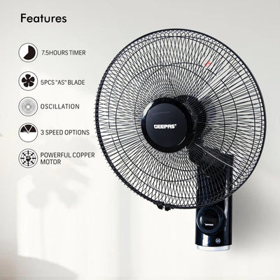 Geepas GF9479 16-Inch Wall Fan with Remote Control Features | 60 W Power | 3-speed options | 12-hour timer | wide oscillation |  powerful copper motor | 2-year warranty