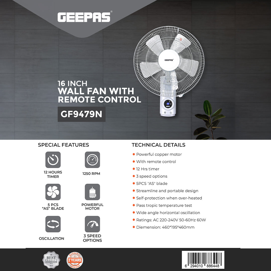 Geepas GF9479 16-Inch Wall Fan with Remote Control | 60W | 3 Speeds | 12-Hour Timer | 1250 RPM Air Delivery | 5 Aerodynamic AS Blades  | Wide Horizontal Oscillation