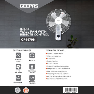 Geepas GF9479 16-Inch Wall Fan with Remote Control | 60W | 3 Speeds | 12-Hour Timer | 1250 RPM Air Delivery | 5 Aerodynamic AS Blades  | Wide Horizontal Oscillation