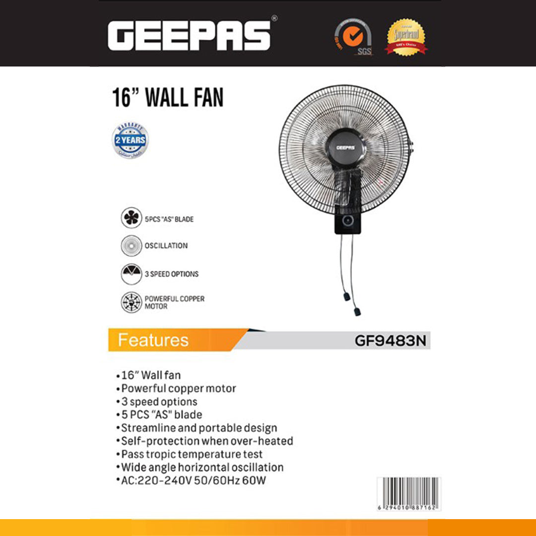 Geepas GF9483 16 Inch Wall Fan | Powerful Copper Motor with 3 Speed Control | 5 Durable AS Blades | Wide Angle Oscillation | Overheat Protection |  2 Years Warranty