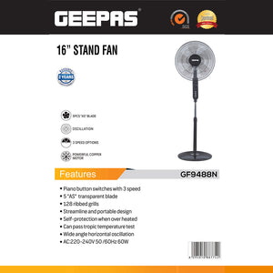 Geepas GF9488 16 Inch Stand Fan |Powerful Copper Motor for Efficient Cooling| 3Speed Settings| Adjustable Height| Oscillation Function| Quiet Operation| 2 Years Warranty