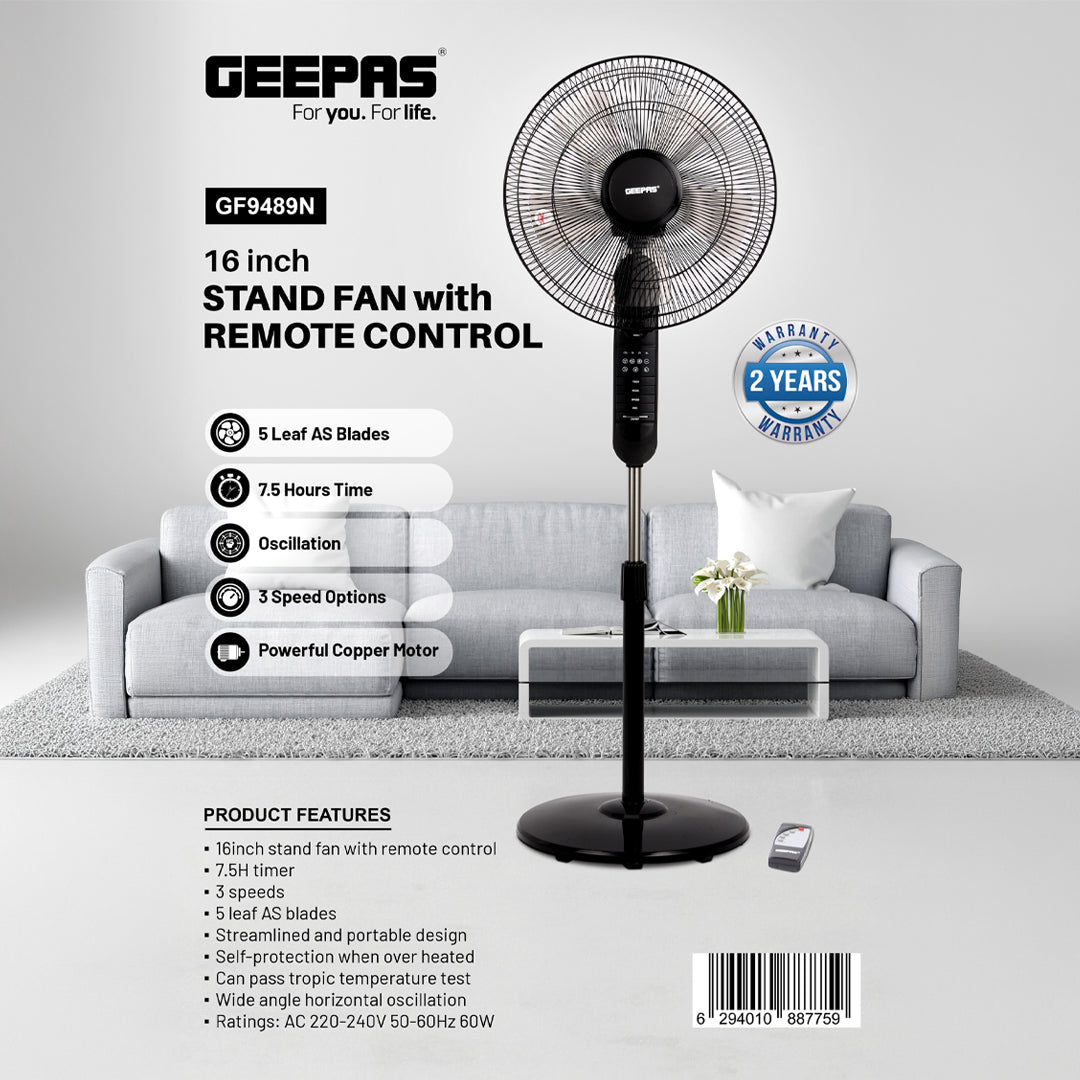 Geepas GF9489 16 Inch Stand Fan with Remote Control | 60W Powerful Motor | 3 Speed Settings| 7.5 Hour Timer | Adjustable Height | Oscillation Function | 2 Years Warranty