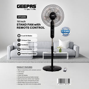 Geepas GF9489 16 Inch Stand Fan with Remote Control | 60W Powerful Motor | 3 Speed Settings| 7.5 Hour Timer | Adjustable Height | Oscillation Function | 2 Years Warranty