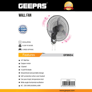 Geepas GF9604 18-Inch Wall Fan | 3-Speed Adjustable Control | Powerful Copper Motor | Wide-Angle Oscillation | High Air Delivery for Home & Office| 2 Years Warranty
