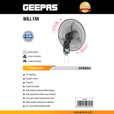 Geepas GF9604 18-Inch Wall Fan | 3-Speed Adjustable Control | Powerful Copper Motor | Wide-Angle Oscillation | High Air Delivery for Home & Office| 2 Years Warranty