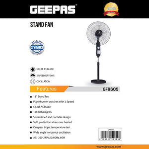 Geepas GF9605 18” Stand Fan | 3-Speed Piano Switch | 60W Powerful Motor | 5-Leaf AS Blade | Wide Oscillation | Overheat Protection | Durable Design | 2 Years Warranty