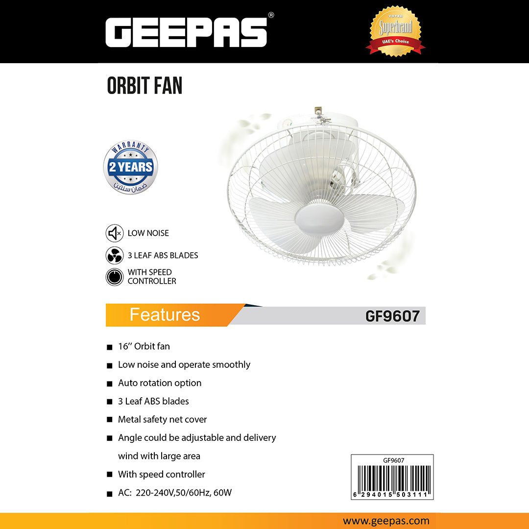 Geepas 16 Inch Orbit Fan GF9607 | Low Noise| 3 Durable ABS Blades| Metal Safety Net| Auto Rotation| Speed Controller| Adjustable Angle| AC 220-240V 60W| 2 Years Warranty