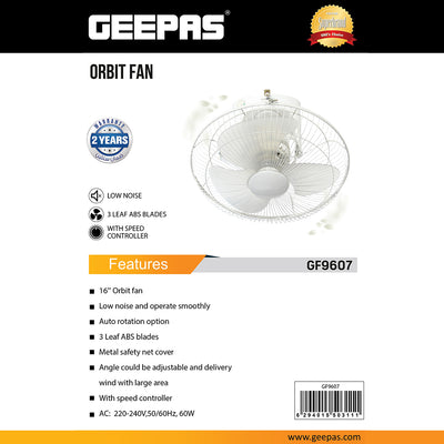 Geepas 16 Inch Orbit Fan GF9607 | Low Noise| 3 Durable ABS Blades| Metal Safety Net| Auto Rotation| Speed Controller| Adjustable Angle| AC 220-240V 60W| 2 Years Warranty
