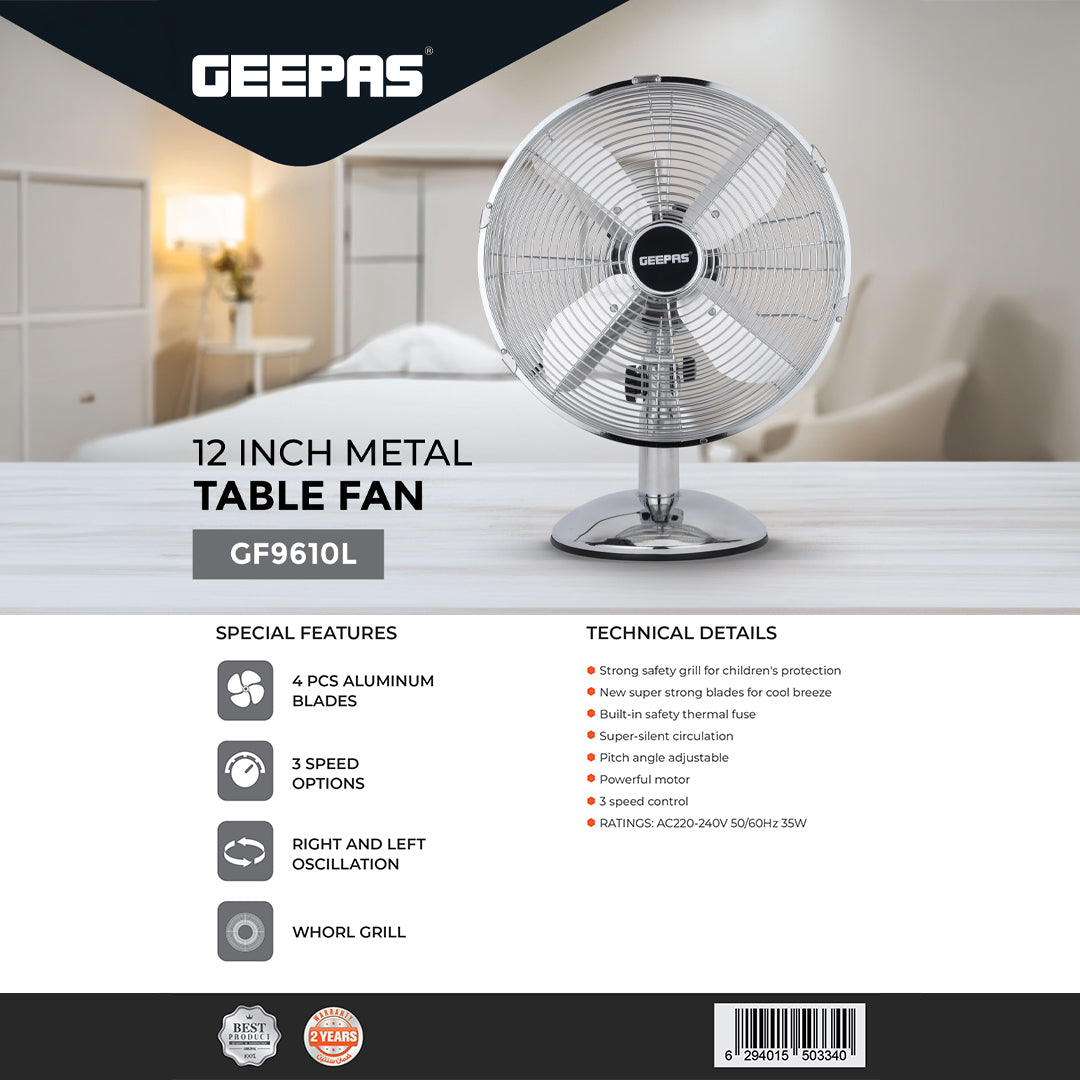 Geepas GF9610 12” Metal Table Fan | 3-Speed Powerful Cooling with High-Performance Motor | Durable Metal Body | Adjustable Tilt | Wide Oscillation | 2 Years Warranty