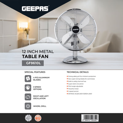 Geepas GF9610 12” Metal Table Fan | 3-Speed Powerful Cooling with High-Performance Motor | Durable Metal Body | Adjustable Tilt | Wide Oscillation | 2 Years Warranty