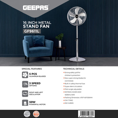 Geepas GF9611 16-Inch Metal Stand Fan | 5 Aluminium Blades | 3 Speed Settings | Silent Operation | Adjustable Height & Oscillation |  50W Motor | 2 Years Warranty