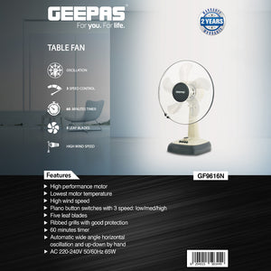 Geepas GF9616 16” Table Fan with 3-Speed Control | High Wind Speed | 60-Minute Timer| Automatic Oscillation | 5 Leaf Blades | Powerful Copper Motor | 2 Years Warranty