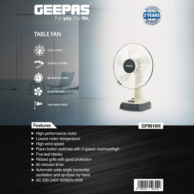 Geepas GF9616 16” Table Fan with 3-Speed Control | High Wind Speed | 60-Minute Timer| Automatic Oscillation | 5 Leaf Blades | Powerful Copper Motor | 2 Years Warranty