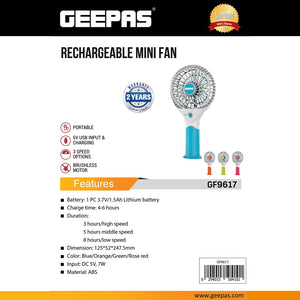 Geepas GF9617 Rechargeable Mini Fan | 3 Speed Portable Handheld Fan with 3.7V Lithium Battery | Brushless Motor | USB Charging | Quiet Operation | 2 Years Warranty