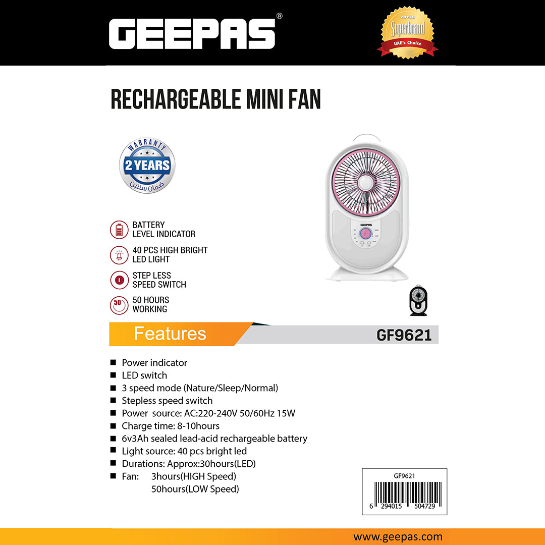 Geepas GF9621 Rechargeable Mini Fan |3-Speed Modes| 40 PCS Ultra-Bright LED Lights| Stepless Speed Switch| Up to 50 Hours Working Time| Compact Portable| 2 Years Warranty