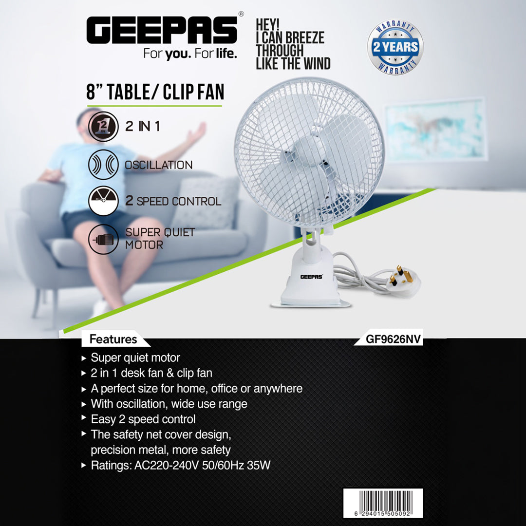 Geepas GF9626 8-Inch 2-in-1 Table & Clip Fan | Super Quiet Copper Motor | 2-Speed Adjustable Control | Wide Oscillation | Compact & Portable Design | 2 Years Warranty