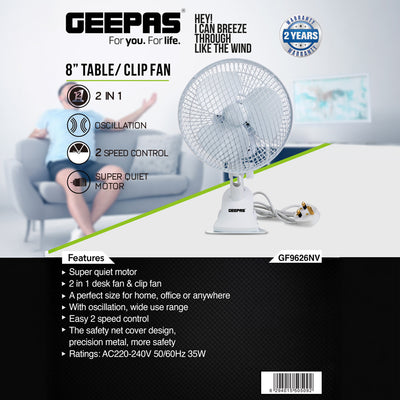 Geepas GF9626 8-Inch 2-in-1 Table & Clip Fan | Super Quiet Copper Motor | 2-Speed Adjustable Control | Wide Oscillation | Compact & Portable Design | 2 Years Warranty
