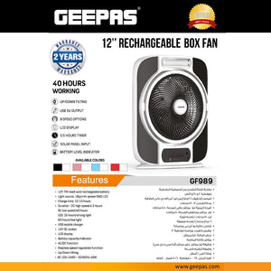 Geepas GF989 12-Inch Rechargeable Box Fan | 40-Hour Backup | LED Light | USB Output | Up/Down Tilting Head  |  Solar Panel Input | AC/DC Dual Operation | 0.5-Hour Timer