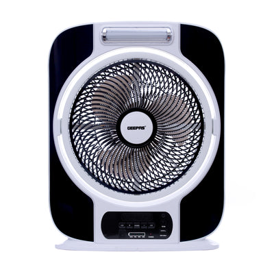 Geepas GF989 12-Inch Rechargeable Box Fan | 40-Hour Backup | LED Light | USB Output | Up/Down Tilting Head  |  Solar Panel Input | AC/DC Dual Operation | 0.5-Hour Timer